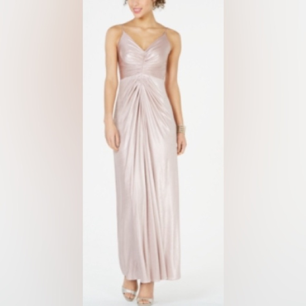 Adrianna Papell Metallic Jersey Dress Sz 8 V-Neck Ruched Front Sheath Maxi Dress